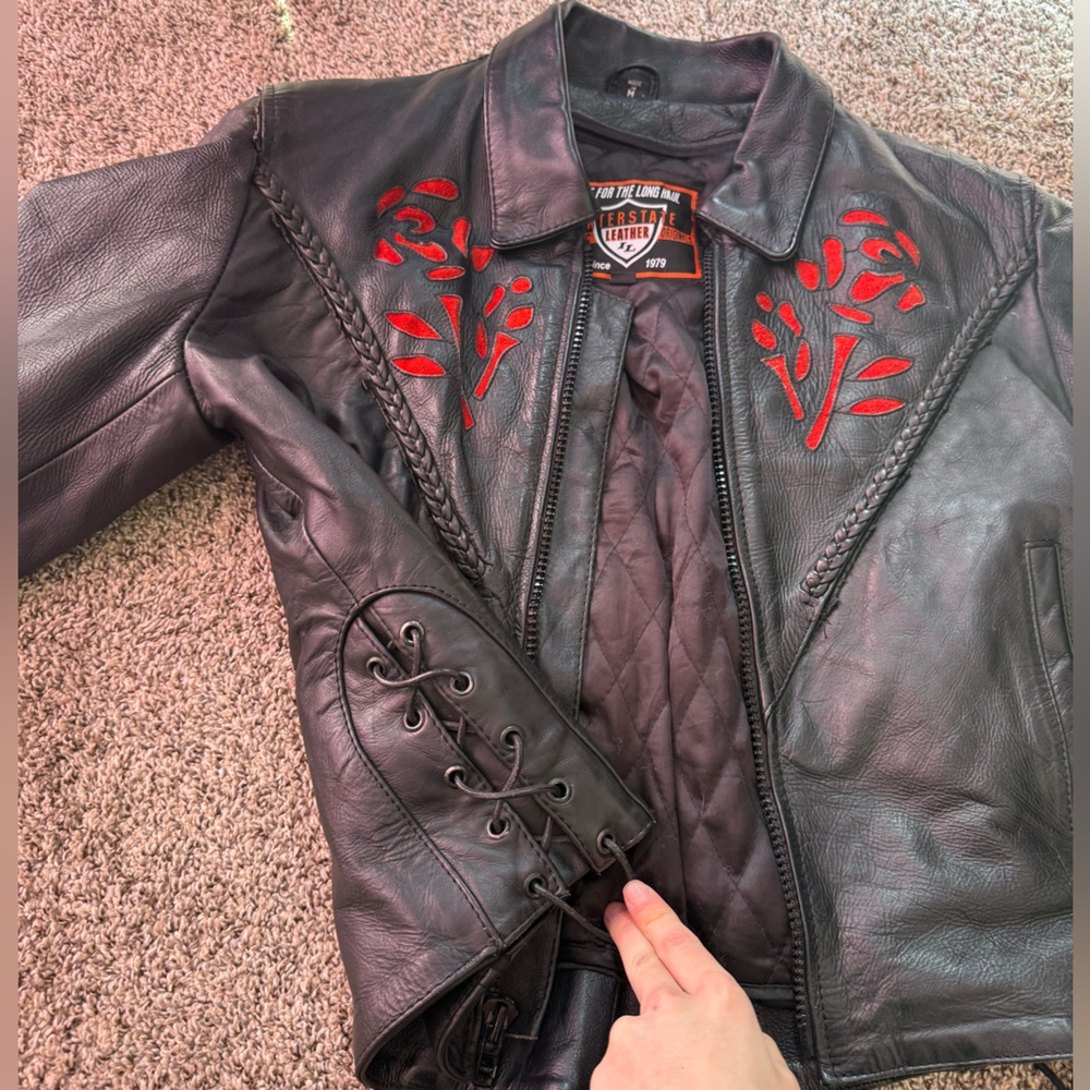Embroidered Black Leather Jacket - Picture 4 of 10